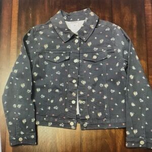 Girls' Floral Print Dark Gray Denim Jacket
